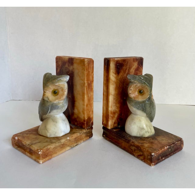 Figurative Carved Alabaster Marble Figurative Owl Bookends Made in Italy For Sale - Image 3 of 12