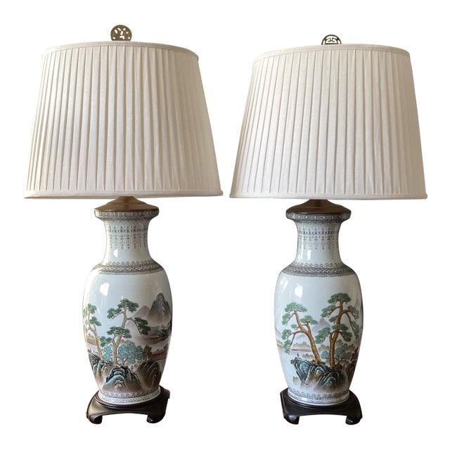 Mid 20th Century Large Chinoiserie Hand-Painted Porcelain Table Lamps With Pleated Shades - a Pair For Sale