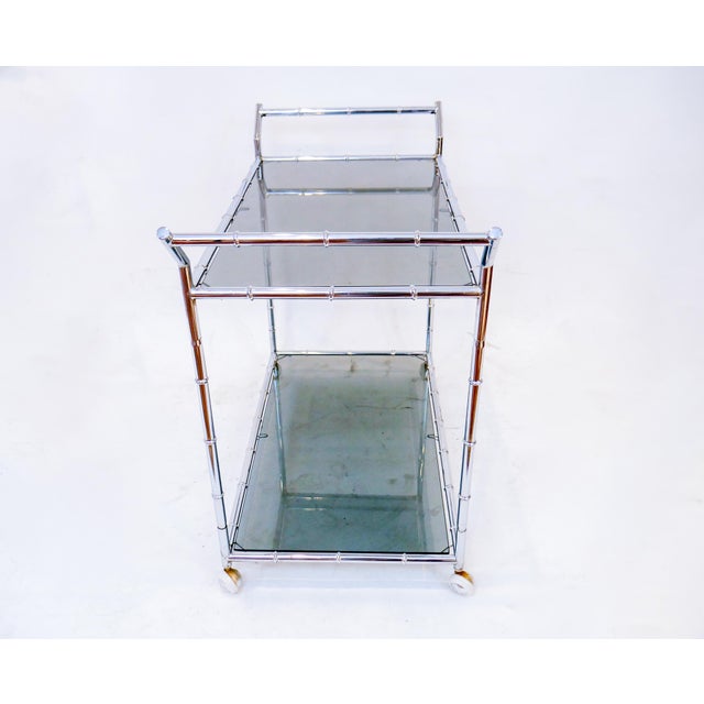 Mid-Century Modern 1970s Mid-Century Chrome and Smoked Glass Bar Cart For Sale - Image 3 of 6