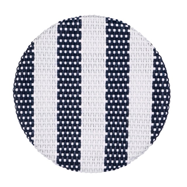Tobias 30 in. Seat Height Round Rattan Backless Bar Stool, White/Navy Stripe/ Natural Rattan Frame For Sale In Chicago - Image 6 of 7