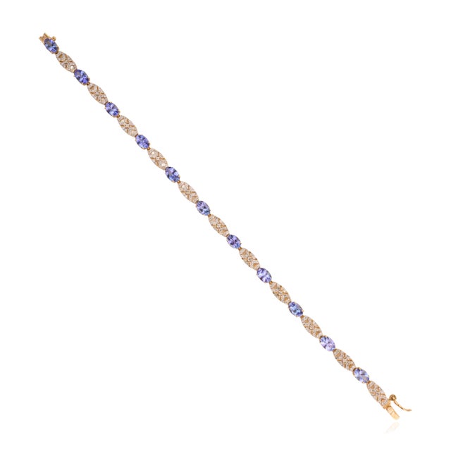 Not Yet Made - Made To Order 5.14 Ct Tanzanite & Diamond Floral Link Tennis Bracelet in 14k Solid Yellow Gold For Sale - Image 5 of 12