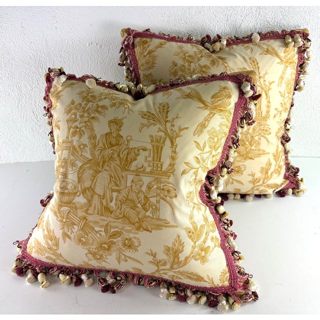 Vintage Travers Tasseled Chinoiserie Cotton Print Pillows/a Pair. For Sale - Image 11 of 11