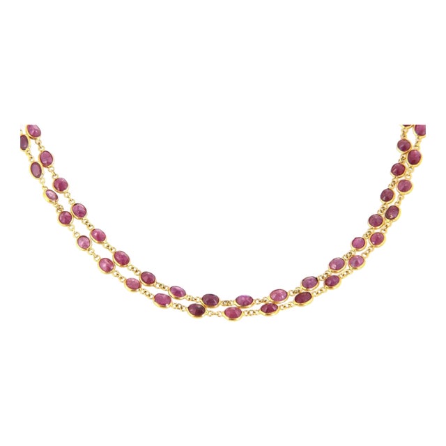 Ruby Necklace 18k Yellow Gold Bezel Set Link 25.5"L For Sale