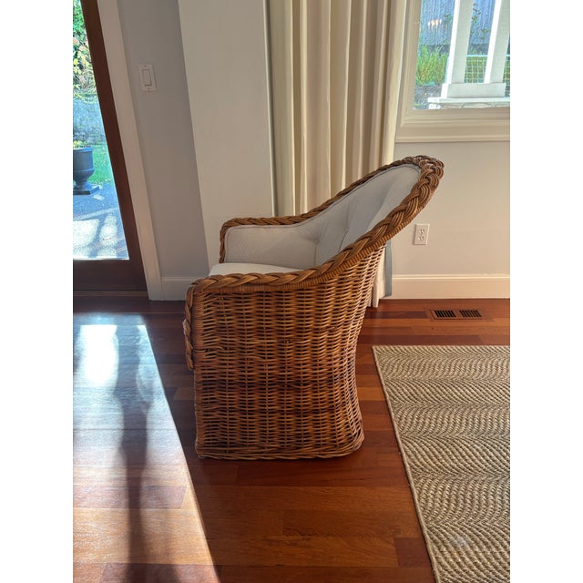 1960s Vintage Cottage Wicker Braided Rattan Arm Chairs With New Upholstery - Set of 2 For Sale - Image 10 of 10