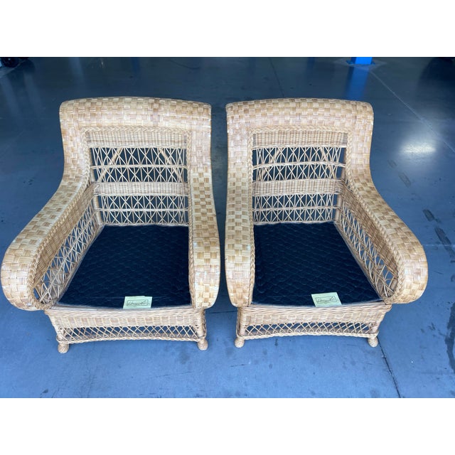 Vintage Henry Link for Lexington Woven Rattan and Wicker Lounge Armchairs With Floral Upholstery | Pair For Sale - Image 13 of 14
