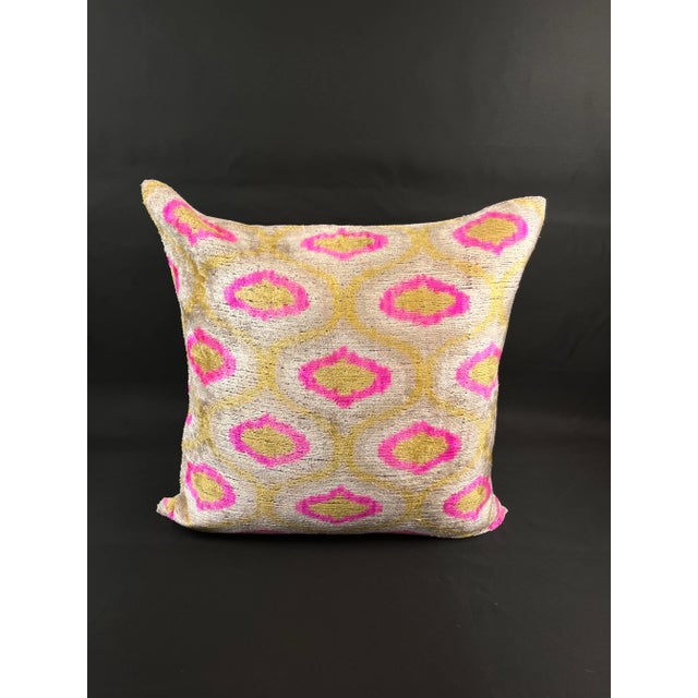 2010s Pink and Golden Yellow Velvet Ikat Pillow Cover For Sale - Image 5 of 5