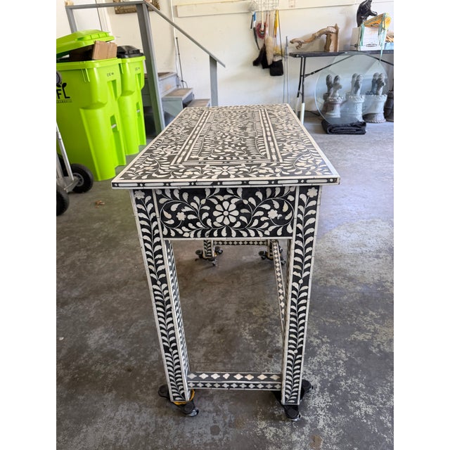 Aditya Handicrafts Indian Black & White Floral Bone Inlay Two-Drawer Console Table, 2021 For Sale - Image 4 of 12
