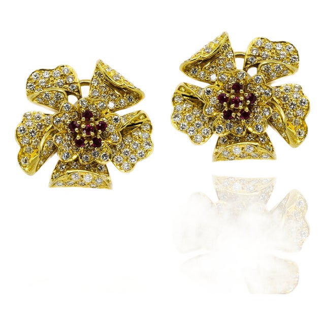 Late 20th Century Pair of 18k Diamond Floral Earrings with Inserts For Sale