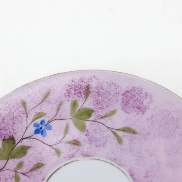 Ceramic Vintage Lilac and Blue Floral Saucer - Hand-Painted Porcelain Accent Plate For Sale - Image 7 of 10