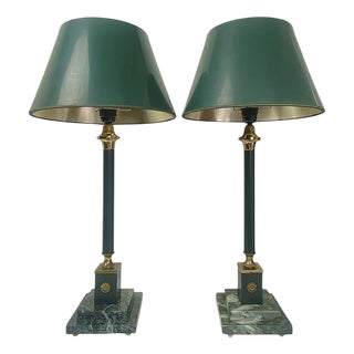 Empire Table Lamps in Leather on Onyx Marble Base, 1950s, Set of 2 For Sale
