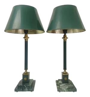 Empire Table Lamps in Leather on Onyx Marble Base, 1950s, Set of 2