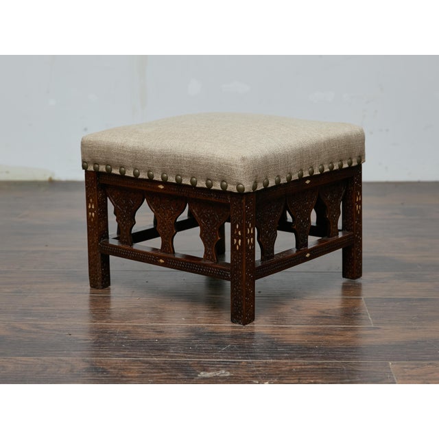 Wood Antique Moroccan Hand-Carved Stool with Custom Linen Upholstery, Circa 1900 For Sale - Image 7 of 12