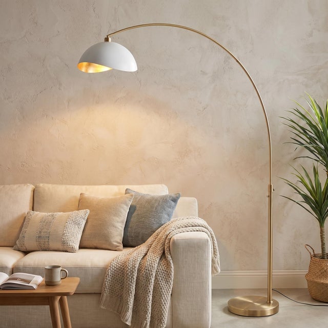 Mid-Century Modern 1960s Luna Bella Nova of California Brass Floor Lamp - 92" Modern Arc Lamp , Matte White/Gold Hemi-Sphere Shade, Dimmable For Sale - Image 3 of 5