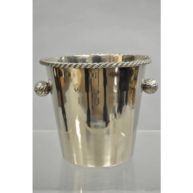 Vintage Hollywood Regency Silver Plated Champagne Chiller Ice Bucket with Twin Knot Handles and Rope Motif Rim. Circa Mid...
