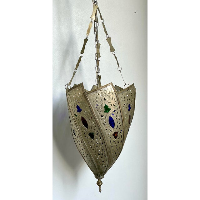 Metal Vintage Engraved Colored Glass Lantern For Sale - Image 7 of 12