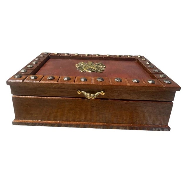 Gothic 1990s Vintage Wooden Jewelry Box Medieval Crest Brass Emblem Studded Leather Top For Sale - Image 3 of 9