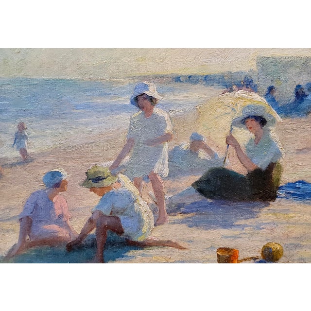 Jean Aristide Rudel- Mothers & Young Daughters at the Beach W/Parasol -1920s Oil Painting For Sale - Image 4 of 11