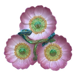 19th Century Majolica Pink Wild Rose Handled Platter Massier For Sale