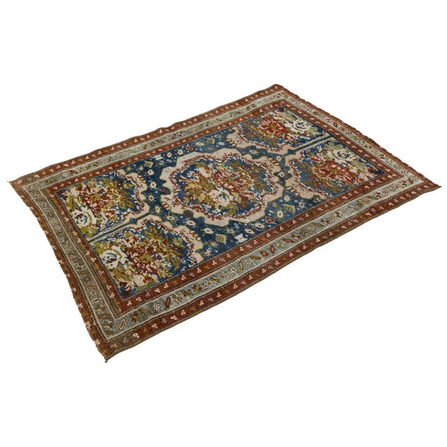 19th Century Antique Malayer Rug With Floral Medallion in Indigo, Terracotta & Sage For Sale - Image 4 of 8