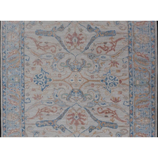 Blue Arabesque All-Over Hand Knotted Oushak Designed in Ivory and Blue Tones For Sale - Image 8 of 13