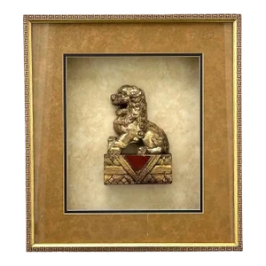 Antique Chinese Hand Carved Wood Gilt Foo Dog in Shadow Box.