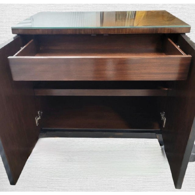 1980s Vintage Baker Style Dark Espresso Fluted Wood Glass Top Side Buffet Storage Cabinet For Sale - Image 5 of 9