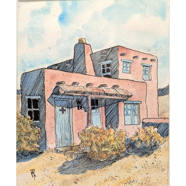 Adobe No. 3 is the third in a series of pen and ink on a background watercolor created by M. Davison. All gently capture...