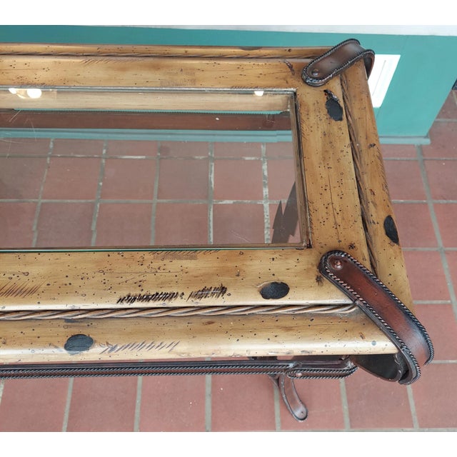 1970s Vintage Adnet Hermes Faux Leather Iron, Glass and Wood American Western Theme Table For Sale In Boston - Image 6 of 13