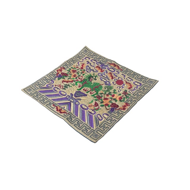Green Asian Rectangular Green Kirin Bats Blossom Flower Fabric Display Art For Sale - Image 8 of 10