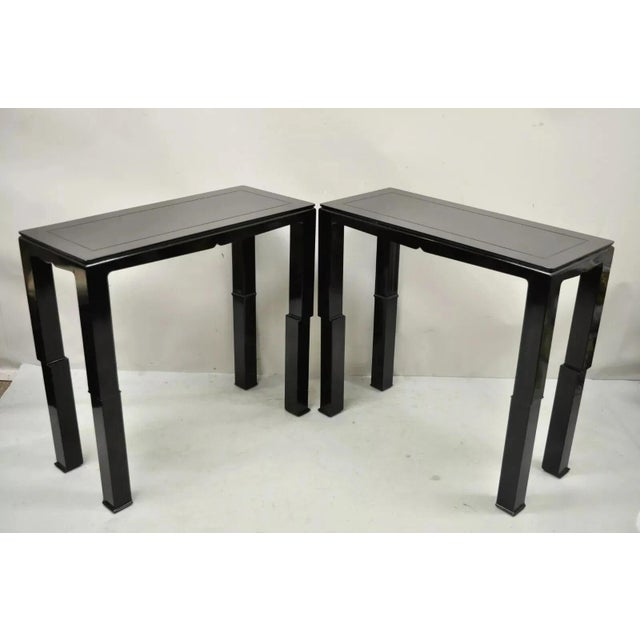 Chinese Ming James Mont Style Black Lacquer Sofa Hall Console Tables - Pair For Sale - Image 11 of 11