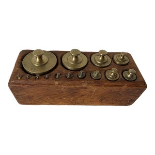 19th Century Antique French Brass Scale Weight Set With Original Wood Box For Sale