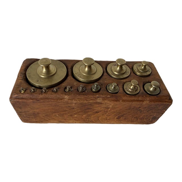19th Century Antique French Brass Scale Weight Set With Original Wood Box For Sale