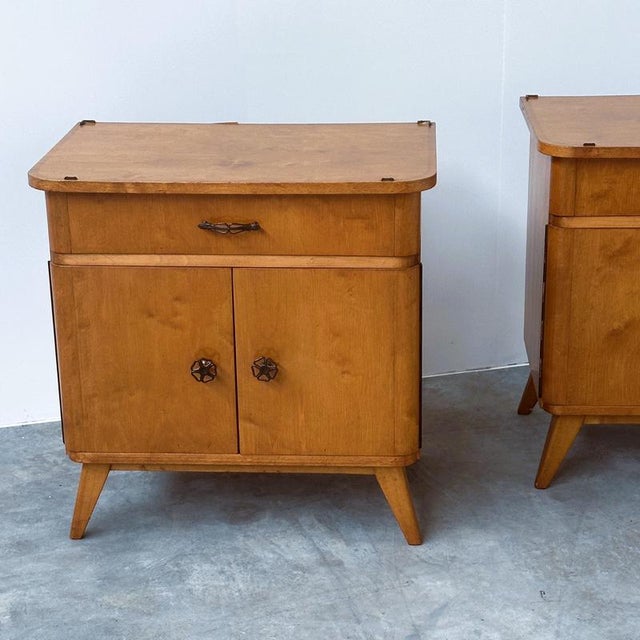 Wood Mid-Century Bedside Cabinets with Compass Legs, 1950s, Set of 2 For Sale - Image 7 of 13