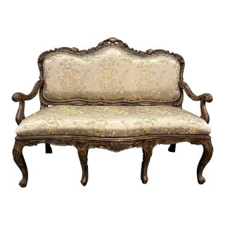 French Style Pickled Mahogany and Parcel Gilt Settee For Sale