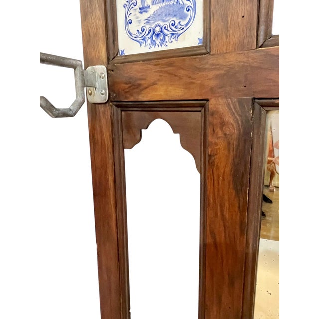 Wood Antique English Walnut Mirrored Coat Hat Rack With Dutch Blue and White Ceramic Tiles For Sale - Image 7 of 18