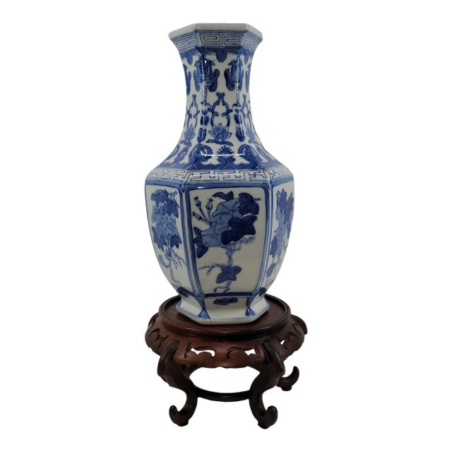 Vintage 19" Chinoiserie Hexagonal Blue & White Porcelain Vase With Hand-Carved Stand - Set of 2 For Sale