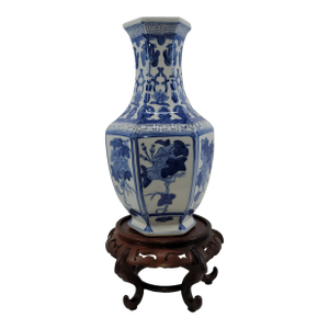 Vintage 19" Chinoiserie Hexagonal Blue & White Porcelain Vase With Hand-Carved Stand - Set of 2