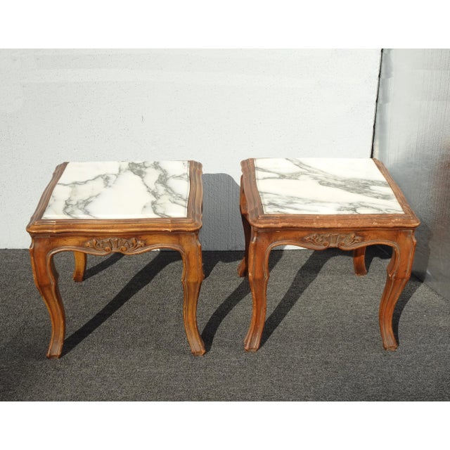French Provincial Pair of Vintage French Provincial White Marble Top End Tables ~ Nightstands For Sale - Image 3 of 12