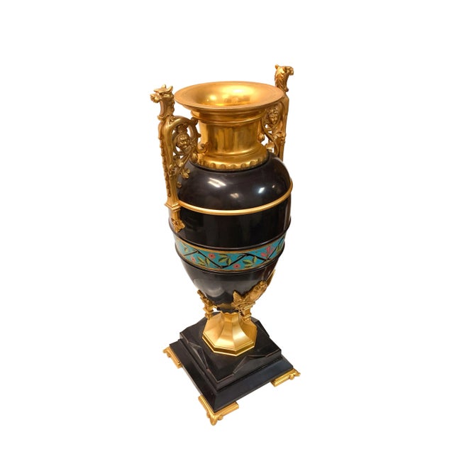 Pair of 19th C. French Black Marble & Champleve Enamel Gilt Bronze Vases By Eugene Cornu. D: 18" X 7" X 7 Please Note: The...