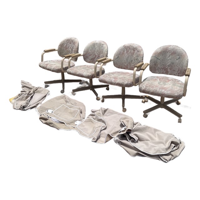 Set of 4 Vintage Cromcraft 80s Style Dining Room Adjustable Swivel Chairs With Wheels & Covers For Sale