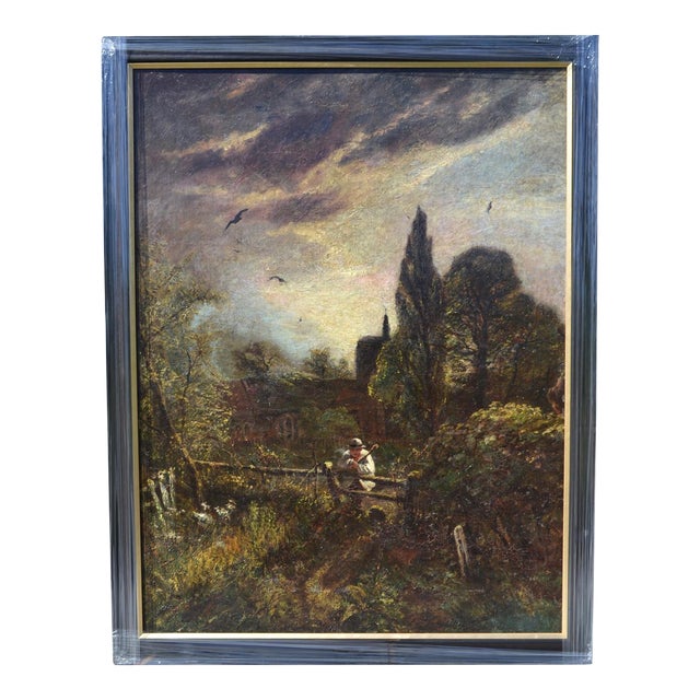 Mid 19th Century "English Churchyard at Dusk," Large Moody Gothic Antique Victorian Oil Painting For Sale