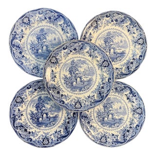 Antique 19th Century English Regency Staffordshire Blue Transferware Dinner Plates - Italian Buildings by Ralph Hall Circa 1825 - Set of 5 For Sale
