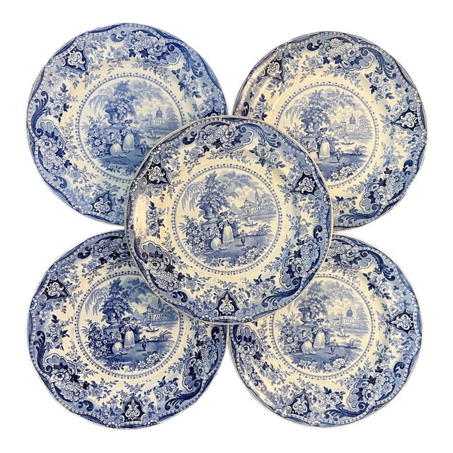 Antique 19th Century English Regency Staffordshire Blue Transferware Dinner Plates - Italian Buildings by Ralph Hall Circa 1825 - Set of 5 For Sale