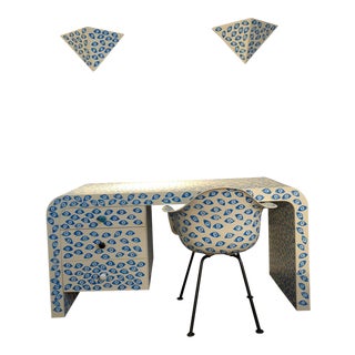 1960s Mid-Century Modern Karl Springer Waterfall Desk With Eames Zenith Chair and Sconces Evil Eye Set - 4 Pieces For Sale