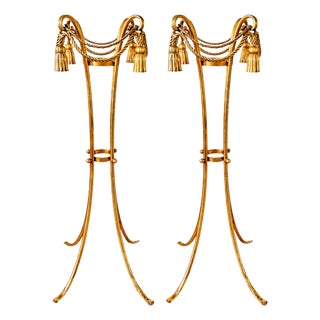 1960 Italian Florentine Gilt Metal Rope and Tassel Plant Stands - A Pair For Sale