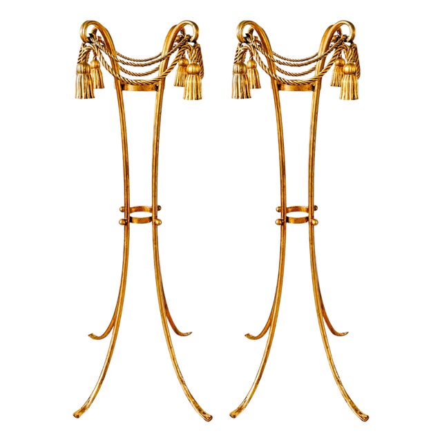 1960 Italian Florentine Gilt Metal Rope and Tassel Plant Stands - A Pair For Sale