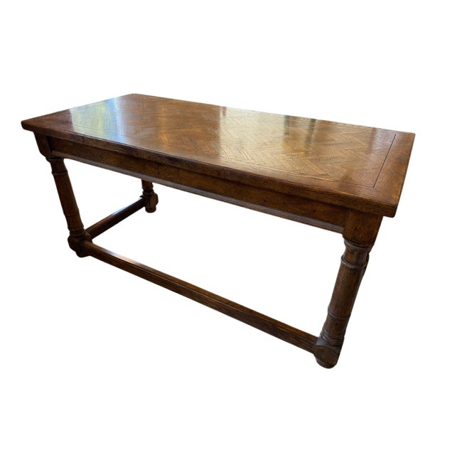 Century Furniture Solid Oak Parquetry Top Desk/ Table – 2 Drawers – Vintage / Traditional Style For Sale - Image 4 of 5