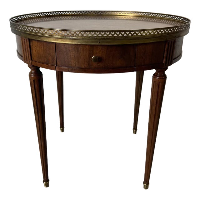 Vintage Baker Furniture Louis XVI-Style Bouillotte Side Table With Brass Gallery and Single Drawer For Sale