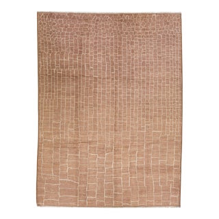 Brown Modern Moroccan Style Handmade Geometric Wool Rug For Sale