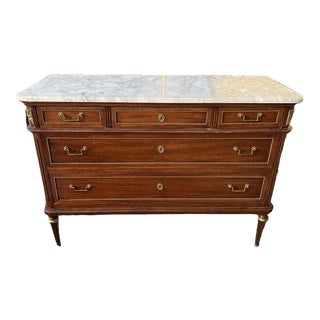 1950s French Directoire Marble Top Walnut Commode/Chest of Drawers For Sale